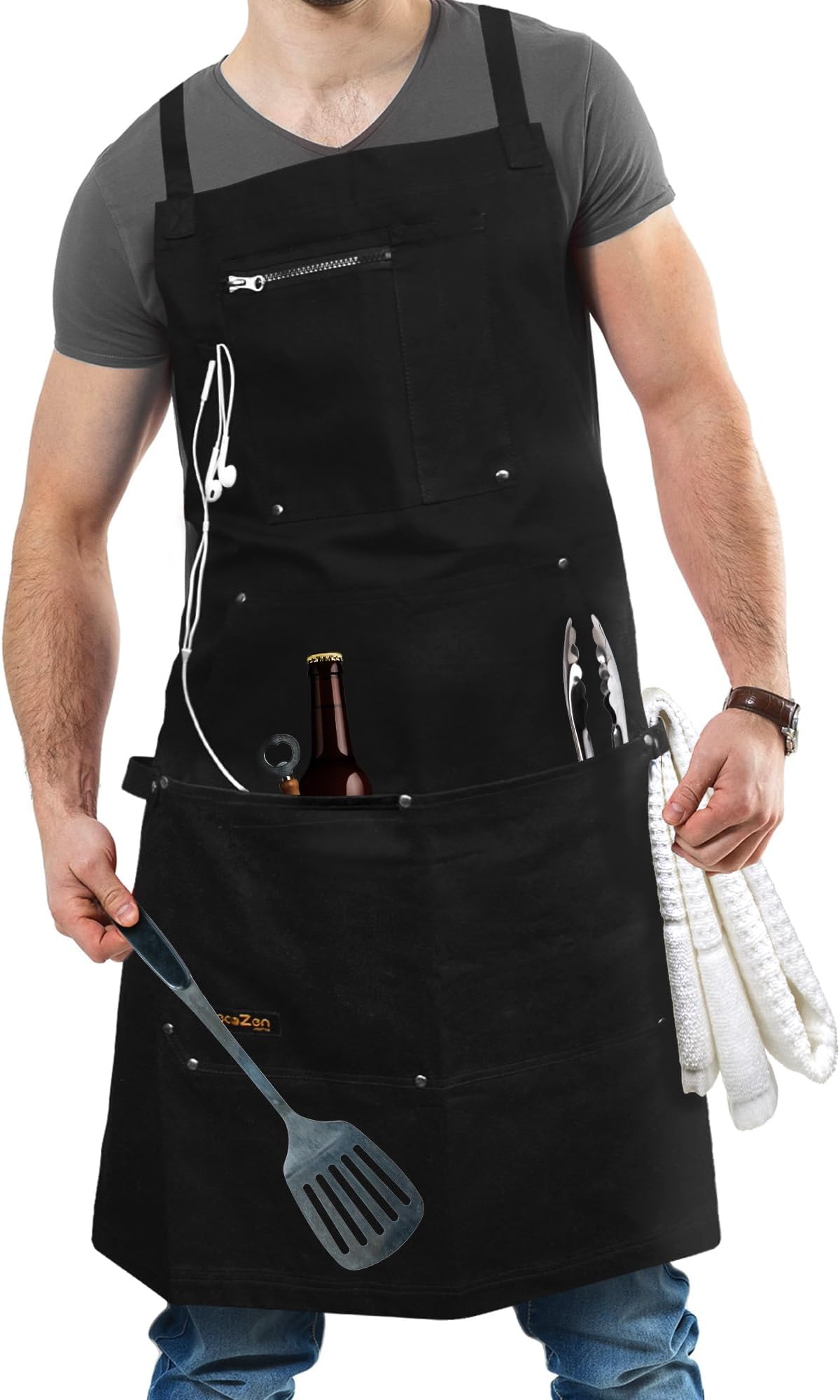 ecoZen Lifestyle Professional Grade Chef Apron (10 oz Cotton) for Kitchen, BBQ, Cooking and Grill Ideal Aprons for Women and Men Fully Adjustable (M to XXL) and Comfort + Pockets (Dark Black)