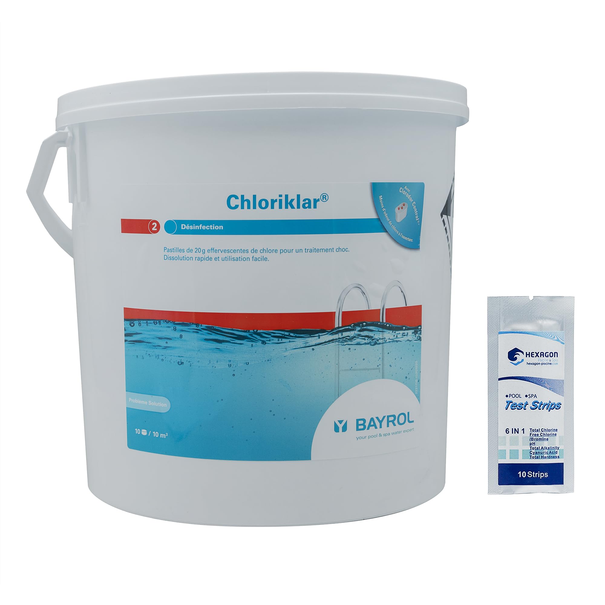 BAYROL CHLORIKLAR Pastilles 20g - 10kg | Chlore Choc Stabilisé - Désinfection Choc - Dissolution Rapide + 10 Tests HPS OFFERTS 6 en 1