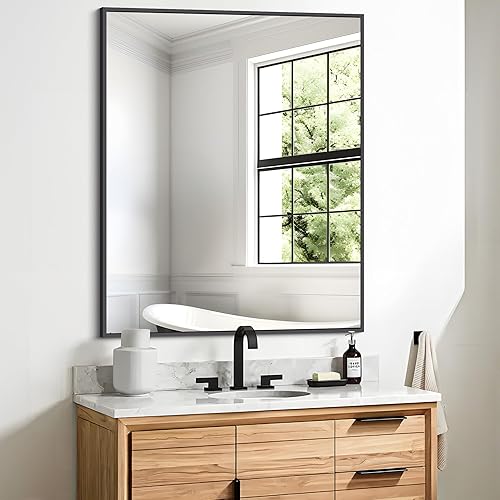 Black Bathroom Mirror for Wall, 32x40 Inch Rectangle Mirrors with Metal Frame, Modern Vanity Wall Mirror Decor for Entryway Hangs, Bathroom Living Room Horizontal or Vertical