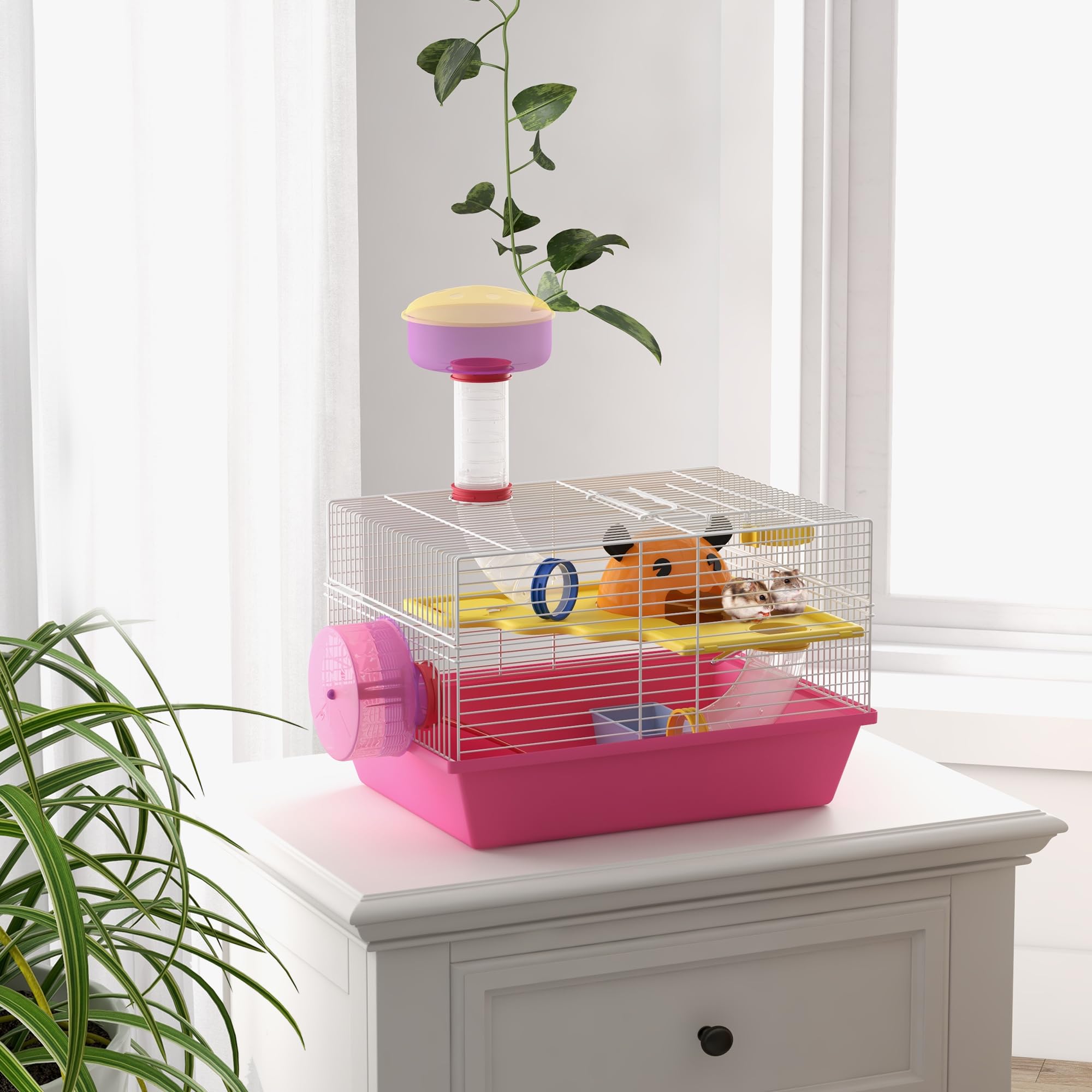 PawHut Cage à Hamster Rat Rongeur avec Plateforme, biberon Eau, Roue, maisonnette, 34 x 27 x 25 cm, Rose | Biberon Eau, Roue, Maisonnette