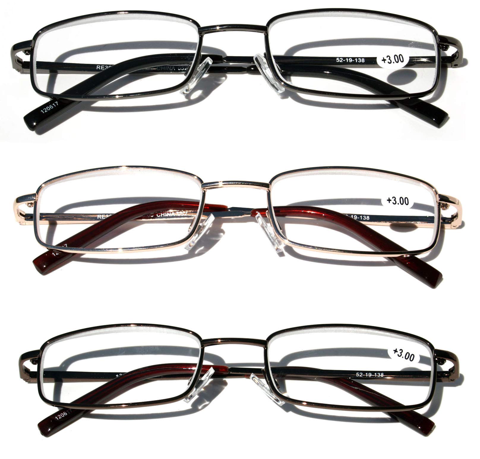 V.W.E. 3 Pairs Slim Metal Rectangular Reading Glasses/w Spring Hinge Rectangle Reader - High Power
