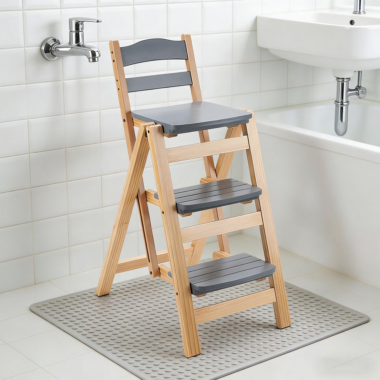 Height Foldable Stool Tall Stool,Solid Wood Folding Bar Stool,3 Step Indoor Ladder Stools,3 Step Multifunction Portable Adults Solid Wood Ladder Stools for Adults Kitchen Outdoor(Gray)