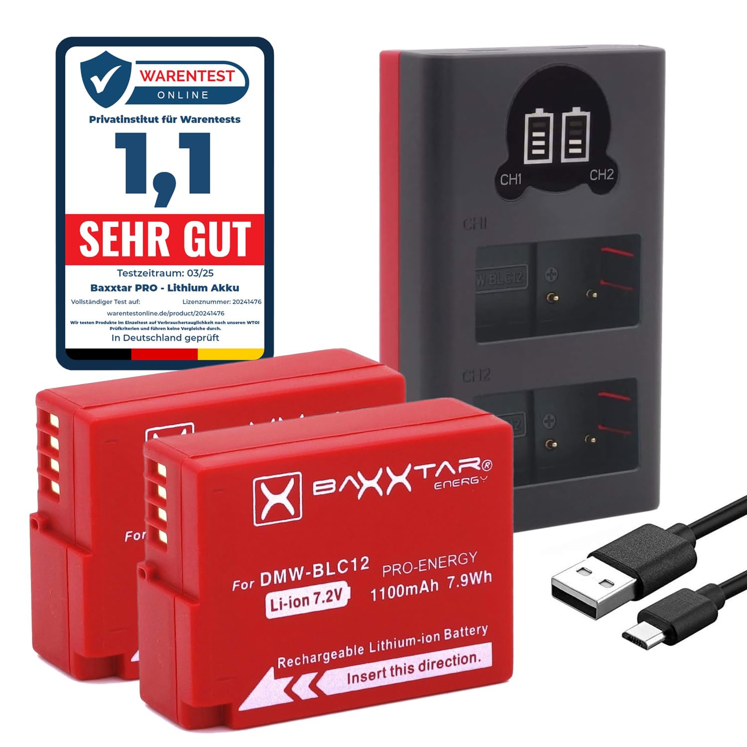 Baxxtar Pro Set 2X DMW-BLC12 + Chargeur Dual LCD USB-C – pour Panasonic DMW-BLC12 / BLC12E – pour Lumix FZ1000 II G91 GX8 G70 G81 G7 G6 FZ2000 – prêt à l'emploi