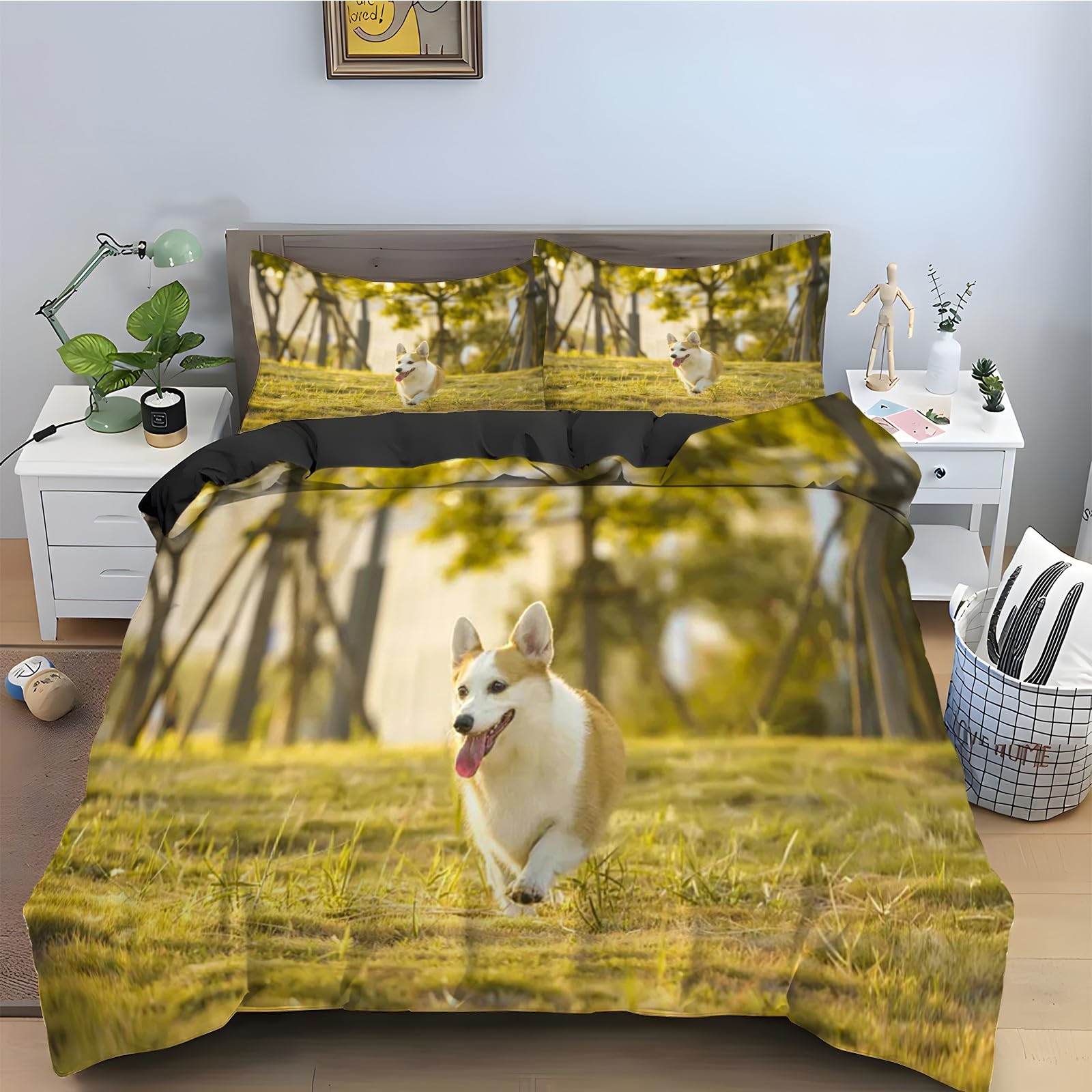 Housse de couette 160x200 Corgi anti-glissement avec zip pratique et microfibre sans repassage
