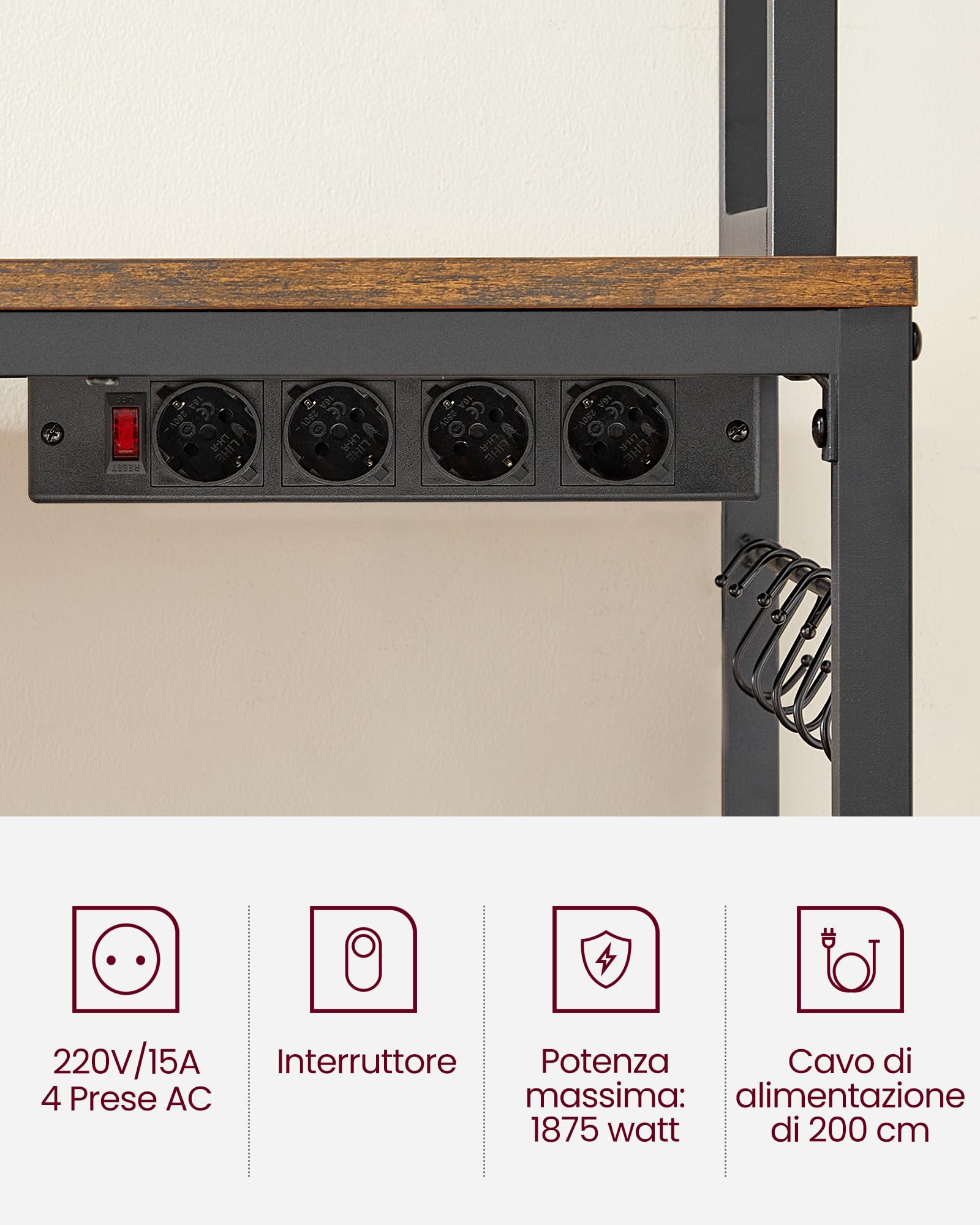 VASAGLE Scaffale Cucina con Multipresa, Scaffale per Microonde, Mobile Cucina, con Pannello a Rete Metallica, 14 Ganci, 40 x 80 x 170 cm, Marrone Vintage e Nero KKS025B01EU