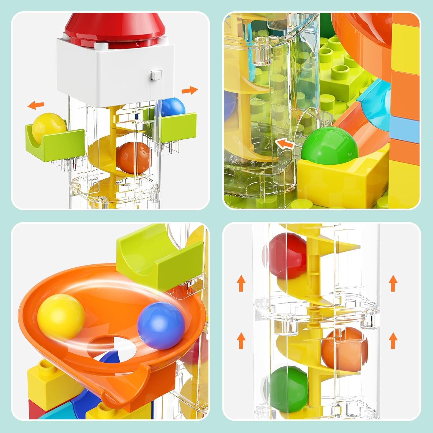 Four detailed views showing the marble run's features: marbles entering the elevator, marbles moving through tracks, marbles being lifted by the spiral, and marbles exiting the elevator.