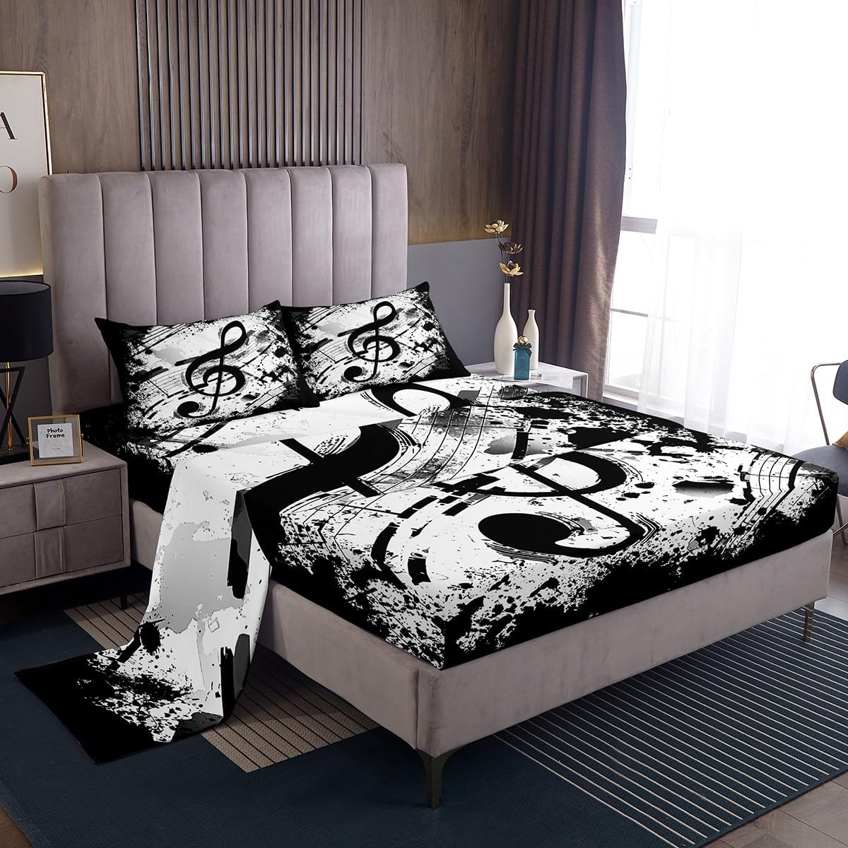Manfei Musical Note Sheet Set Queen Size, Retro Music Theme Bedding Set for Kids Boys Girls Bedroom Decor, Black and White Bed Sheet Set 4pcs with 1 Fitted Sheet +1 Flat Sheet + 2 Pillowcases