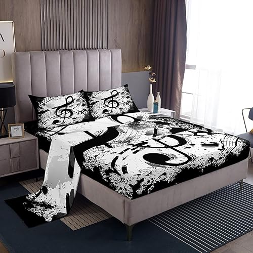 Miniatura 18 de Manfei Juego de sábanas musicales tamaño matrimonial, juego de ropa de cama con estampado de notas musicales retro para niños y niñas, decoración de