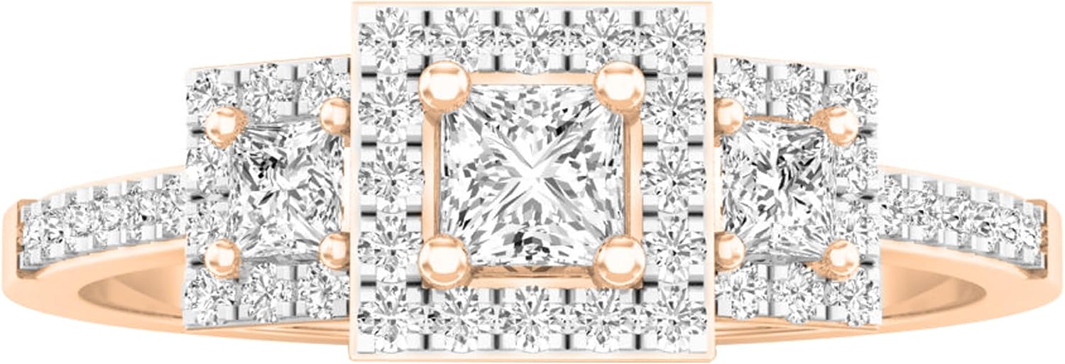 0.41 Cttw Princess & Round Lab Grown White Diamond 3 Stone Halo Filigree Vintage Bridal Engagement Ring for Her in 18K Solid Gold