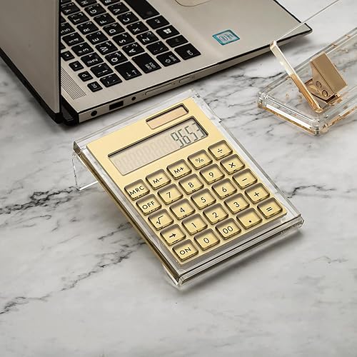 Miniatura 5 de Calculadora marrón transparente, calculadora delgada acrílica de energía solar con pantalla LCD grande y soporte, calculadora de escritorio de mano
