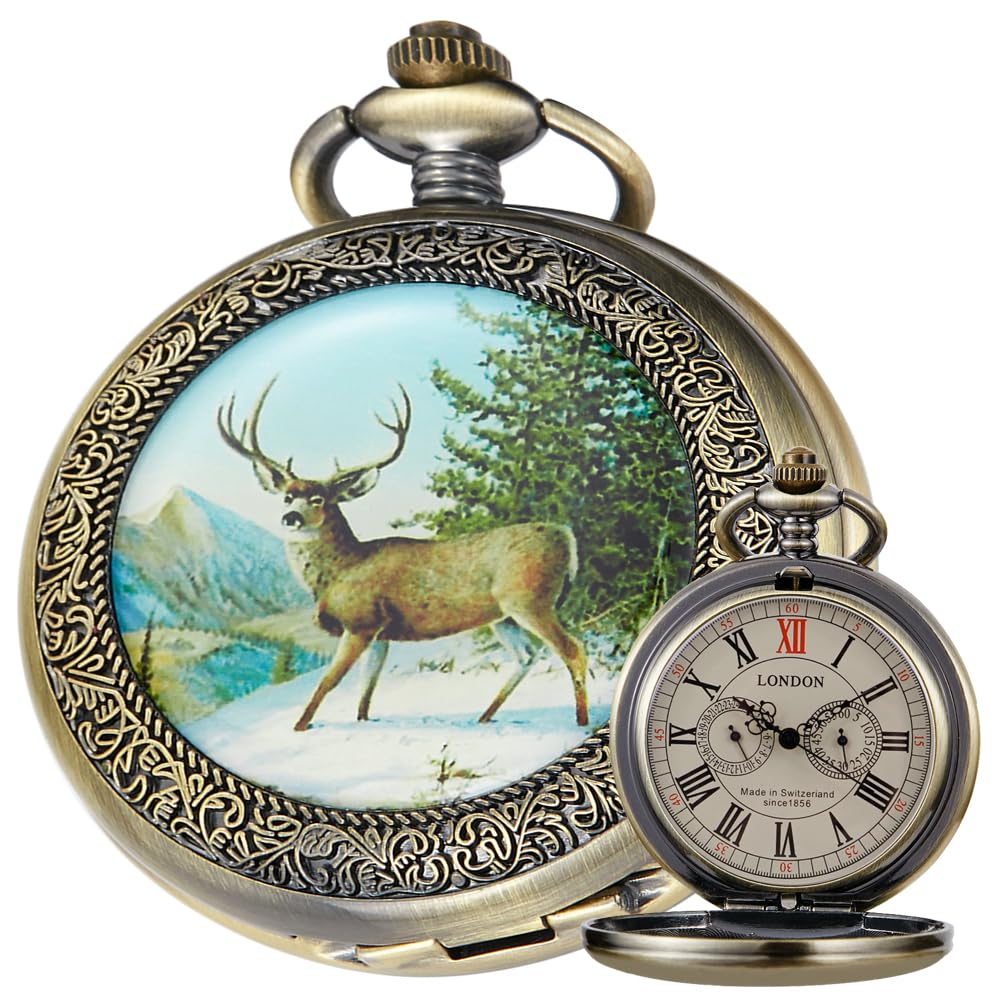 alwesam Classic Copper Design Hand Winding Mechanical Roman Number Steampunk Pocket Watch Mens Watches with Chain&Box, green brown, Mechanical-picture-46