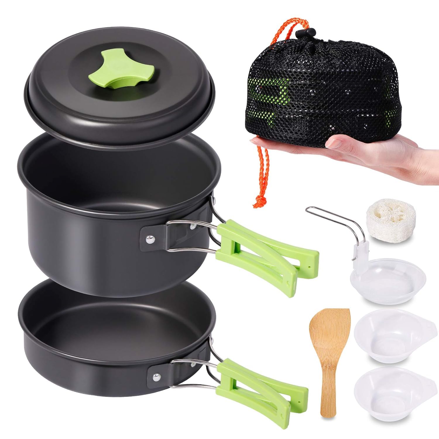 DPCR Camping kichen Accessories for Outdoor Mess Kit,Cooking Equipment 8 Piece Cookset | Lightweight, Compact, Durable Pot Pan Bowls with Free Folding Spork and Nylon Bag (for 1-2 Person)-image-13
