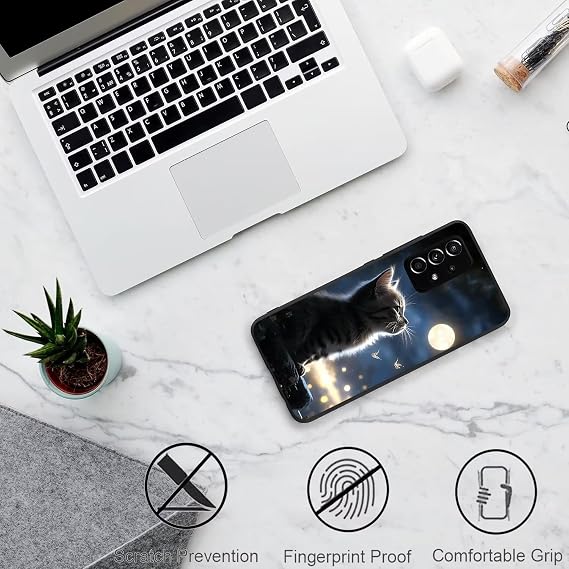 for Samsung Galaxy Xcover 7 Cute Case,Soft Frosted Matt Black TPU Ultra-Slim Stylish Protective Cover Drop Protection, Non-slip Cute pattern design-The Moon and the Cat