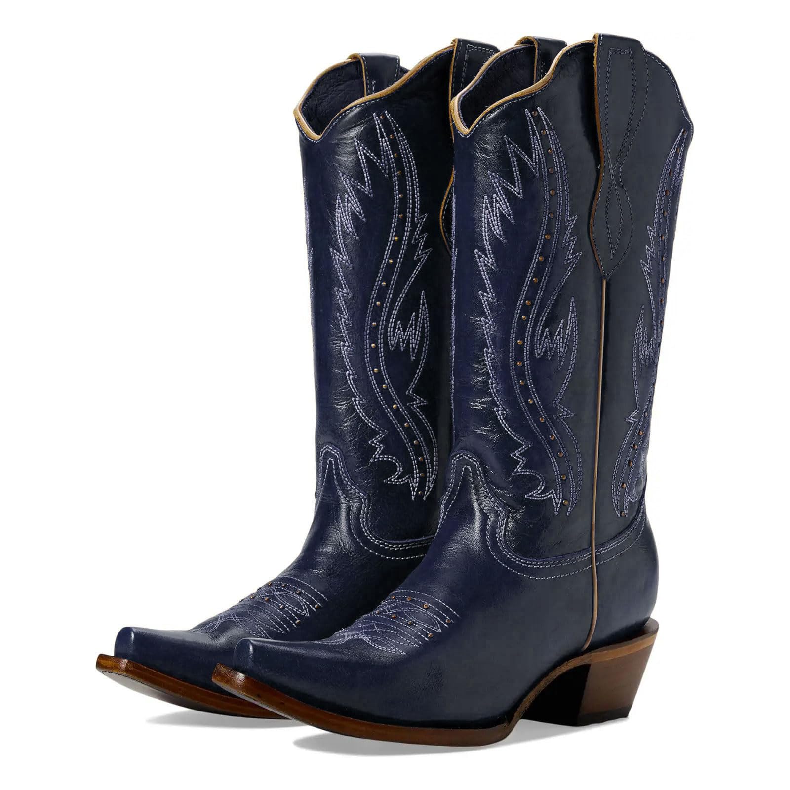 Womens Vintage Embroidered Rivet Snip Toe Cowgirl Block Heel Mid Calf Western Boots Fashion Studded Square Toe Pull