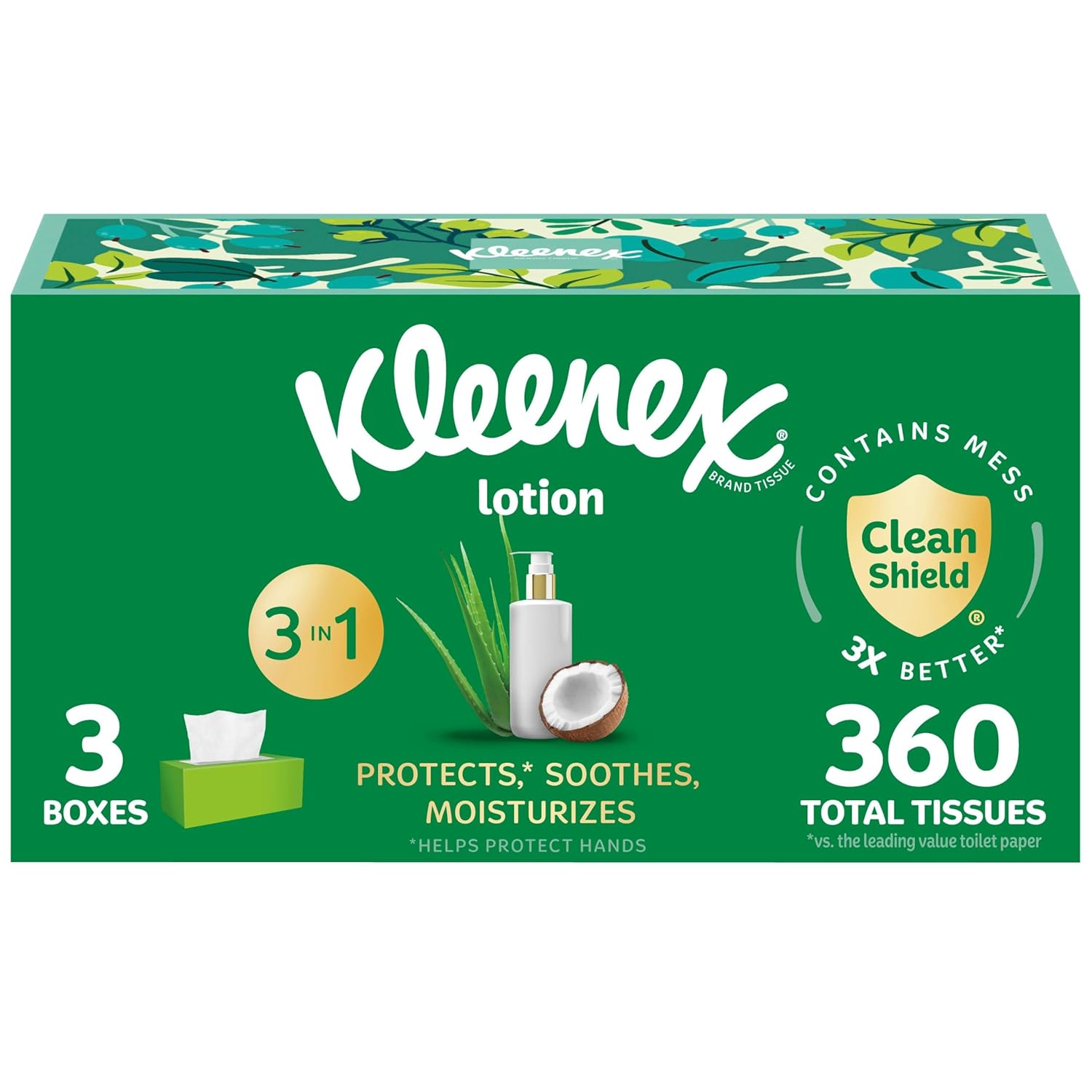 Kleenex Lotion Facial Tissues with Coconut Oil 3 Flat Boxes 120 Tissues Per Box 3-Ply