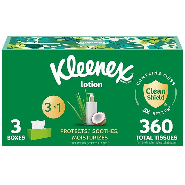 Kleenex Lotion Facial Tissues with Coconut Oil 3 Flat Boxes 120 Tissues Per Box 3-Ply