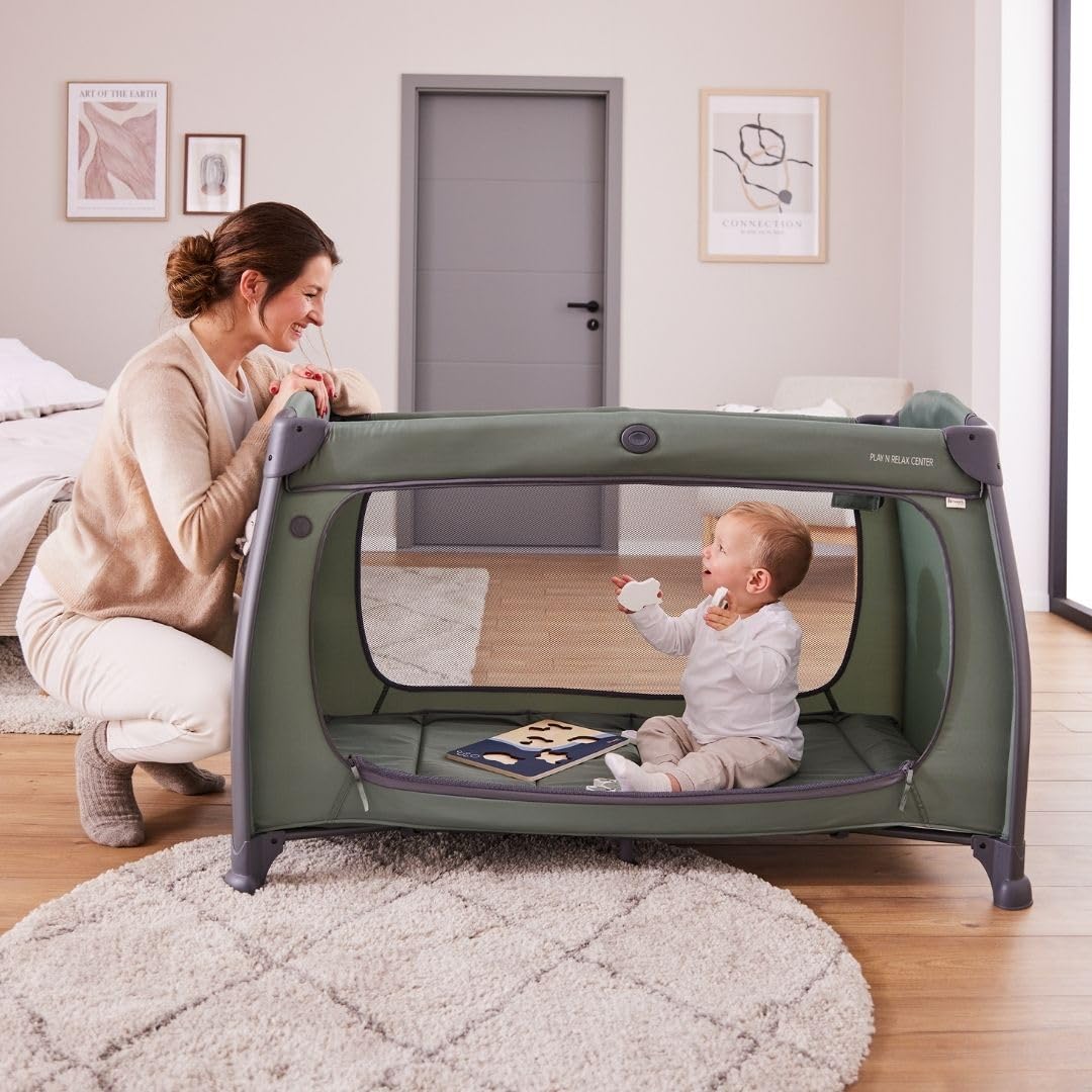 hauck Lit Parapluie Bébé avec Matelas Play N Relax Center - Lit Voyage Bébé Moustiquaire, Niveau Nouveau-Né, Table à Langer, Roues, Sac Transport, Bleu Foncé
