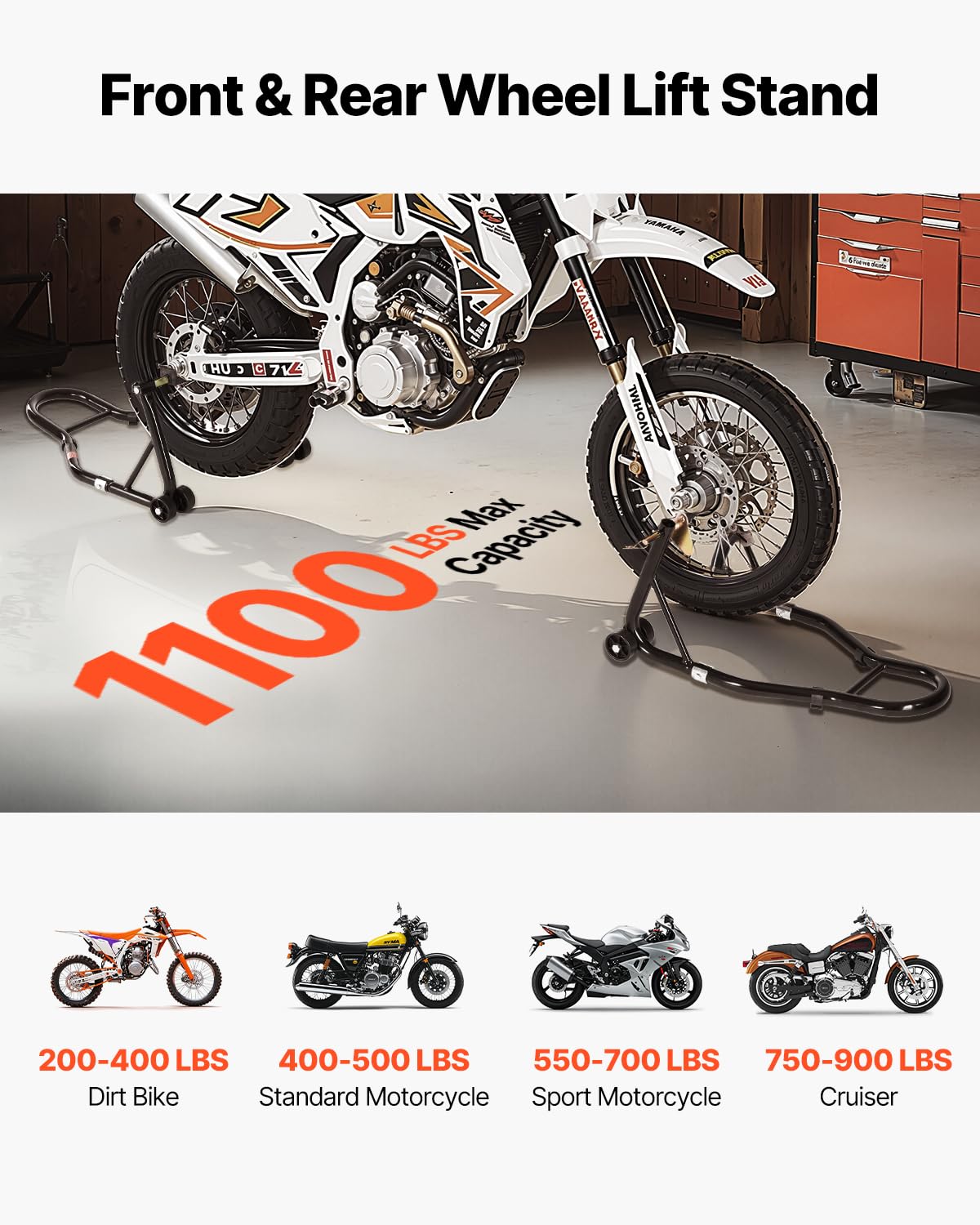 VEVOR Elevador de Caballete para Motocicleta, Capacidad de 500 kg, Soporte de Doble Horquilla para Rueda Delantera, Compatible con Yamaha, Honda y Suzuki, Negro. 770 x 590 x 350 mm