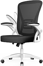 naspaluro Silla de Oficina, Silla de Escritorio Ergonómica con Reposabrazos Abatible de 90°, Altura Ajustable, Silla Giratoria de 360° con Respaldo Transpirable y Soporte Lumbar, Blanco