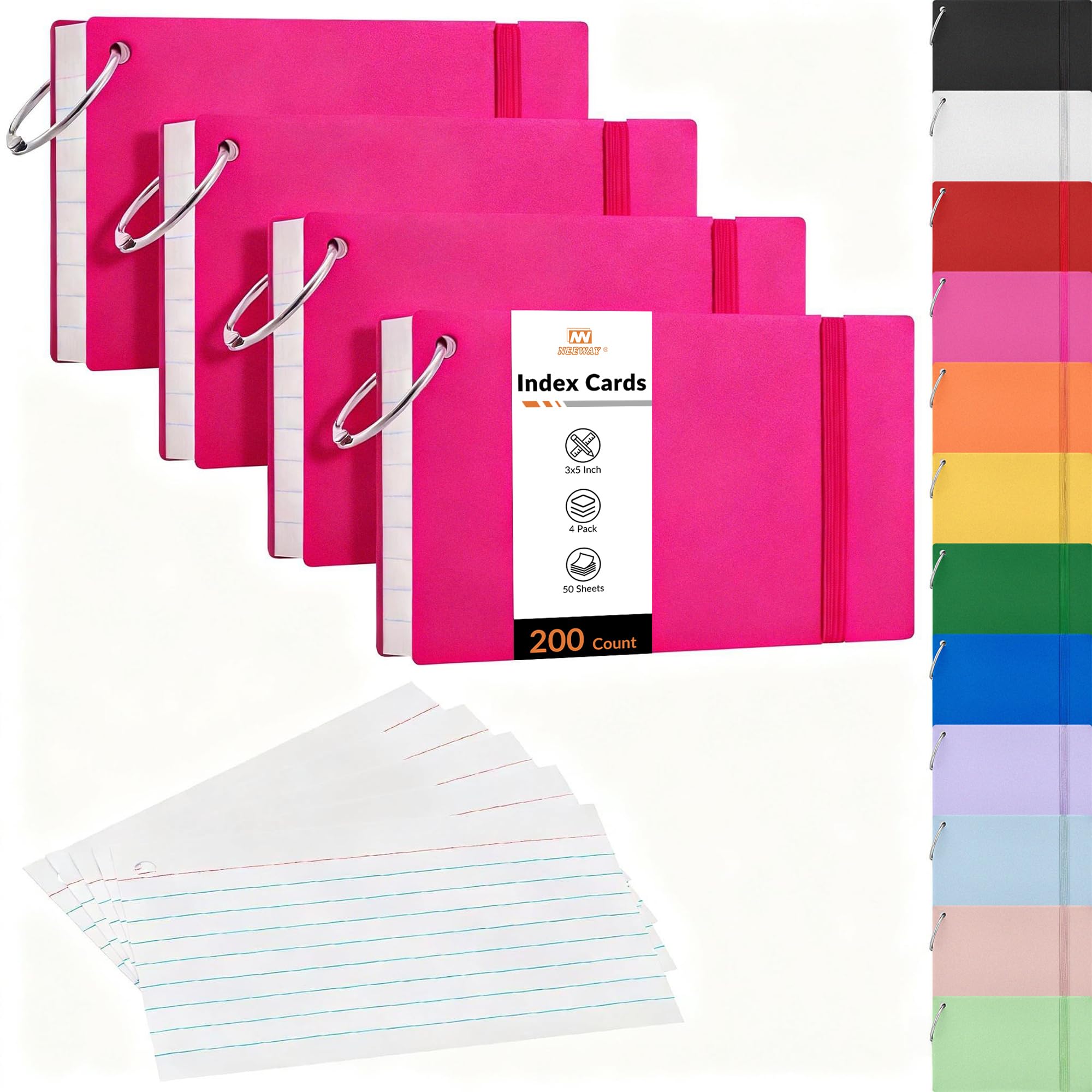 NEEWAY Ruled Index Cards with Ring 3x5 Inches, 200 Count Note Cards Lined, Flash Cards with Rings for Studying, Home and Office (Rose Red)