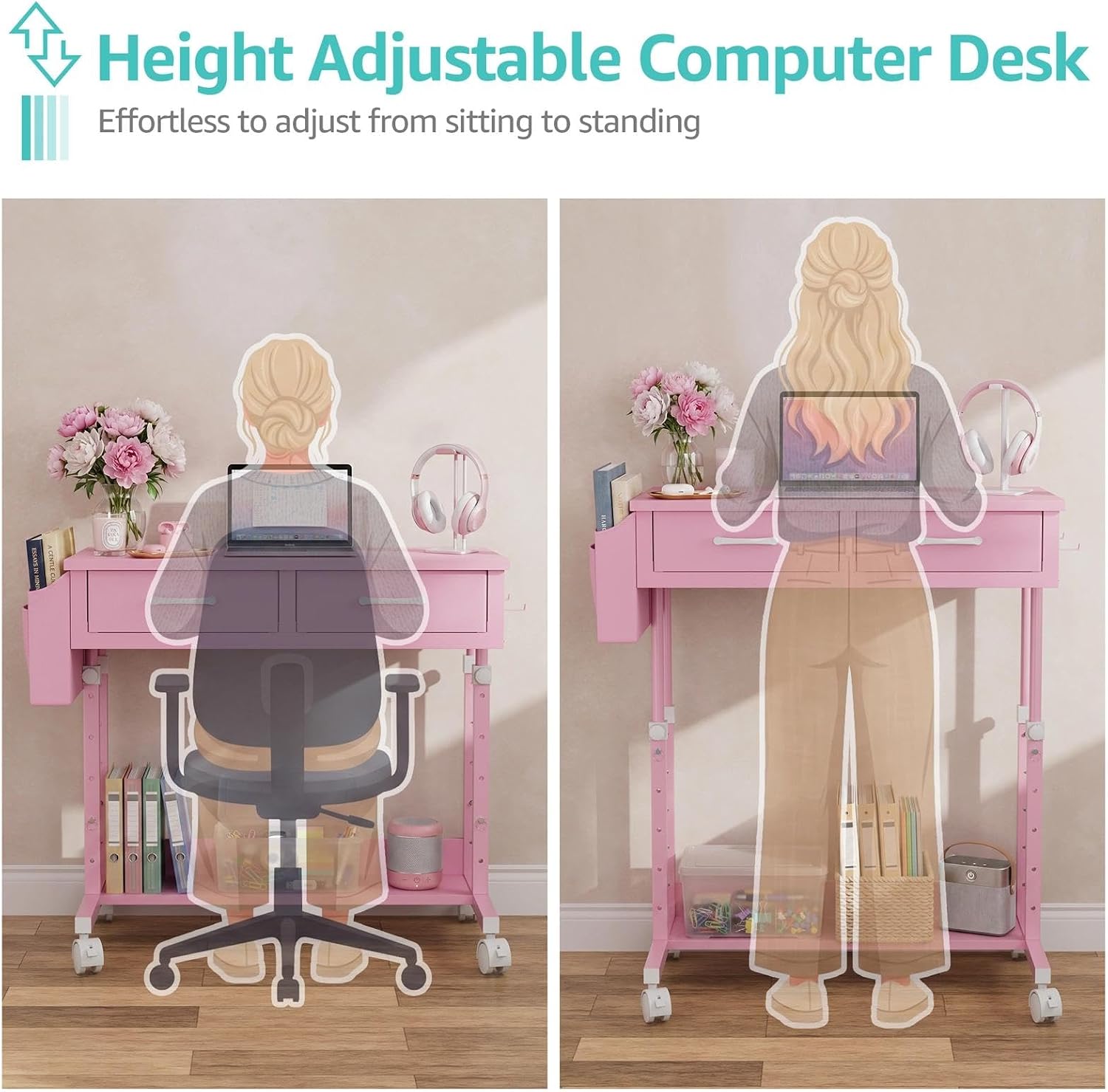 Pink Rolling Desk with Drawers, Small Height Adjustable Girls Standing Desk thumbnail