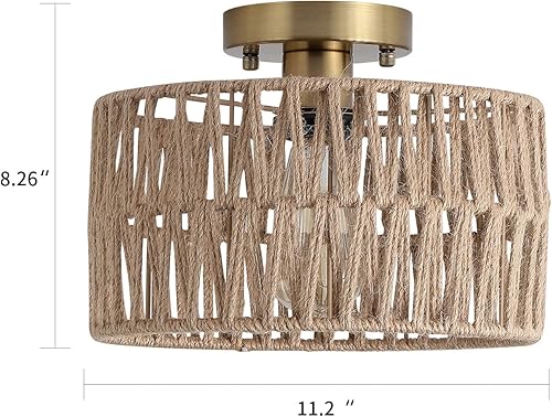 Miniatura 4 de Hchunqjor Lámpara de techo tejida en oro antiguo costero, estilo rústico, bohemio, cuerda de cáñamo, latón, semiempotrada, para pasillo, dormitorio,