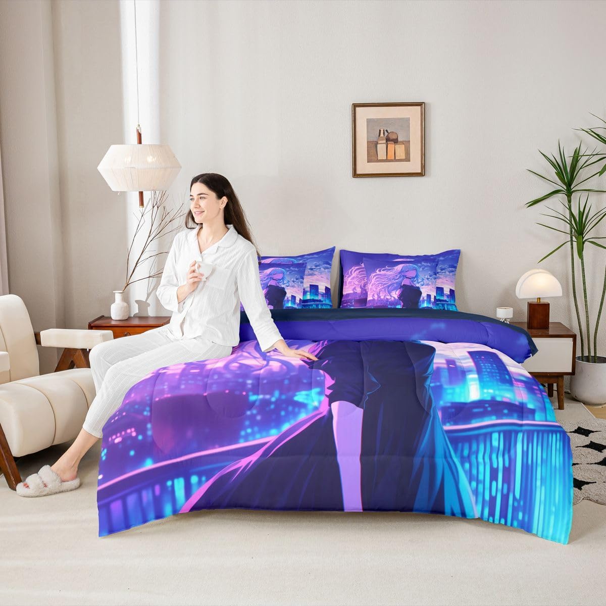 Japanese Anime Girl Bedding Sets 3D Anime Gifts Comforter Set 7Pcs Queen, Japanese Style Bedding Bed-In-A-Bag (1 Comforter, 1 Flat Sheet 1 Fitted Sheet 2 Pillowcases And 2 Throw Pillow Covers)
