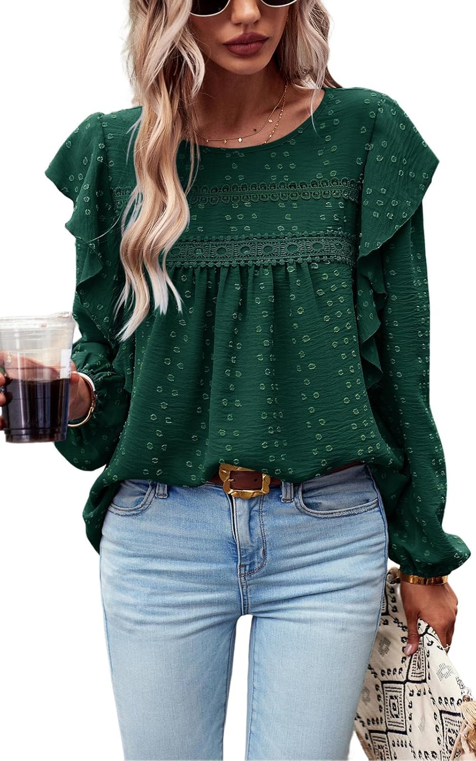 PRETTYGARDEN Women's Long Sleeve Shirts Ruffle Swiss Dot Crochet Loose Fit Tunic Dressy Casual Tops Blouses Spring Fashion