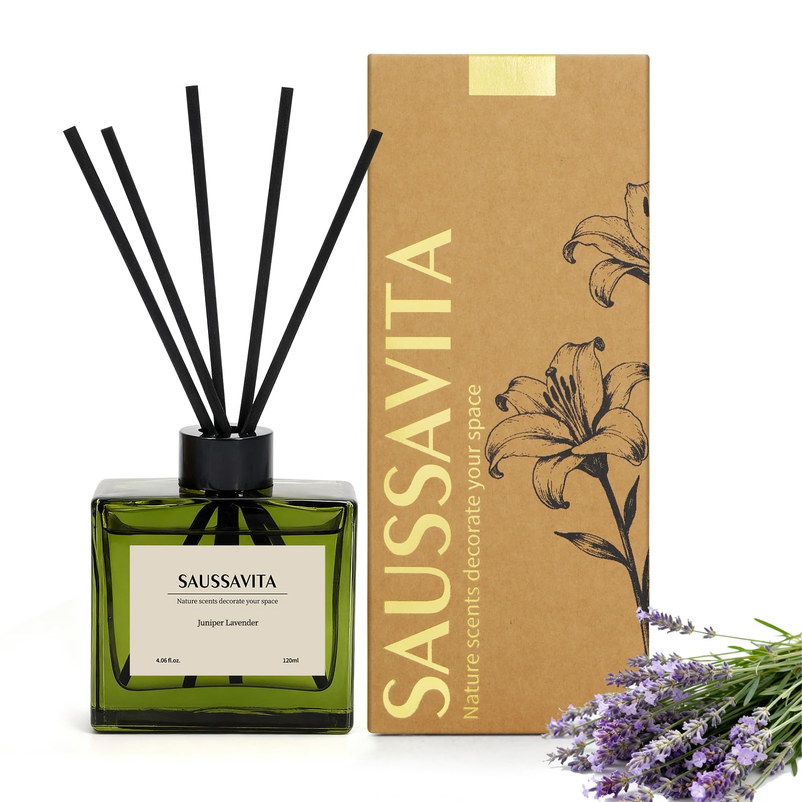 Reed Diffuser, 120ml French Juniper & Lavender Scented Diffuser with Dried Flowers & 7 Sticks, 90 Days Long Lasting Home Fragrance for Bathroom Bedroom Home & Office Decor, Air Freshener