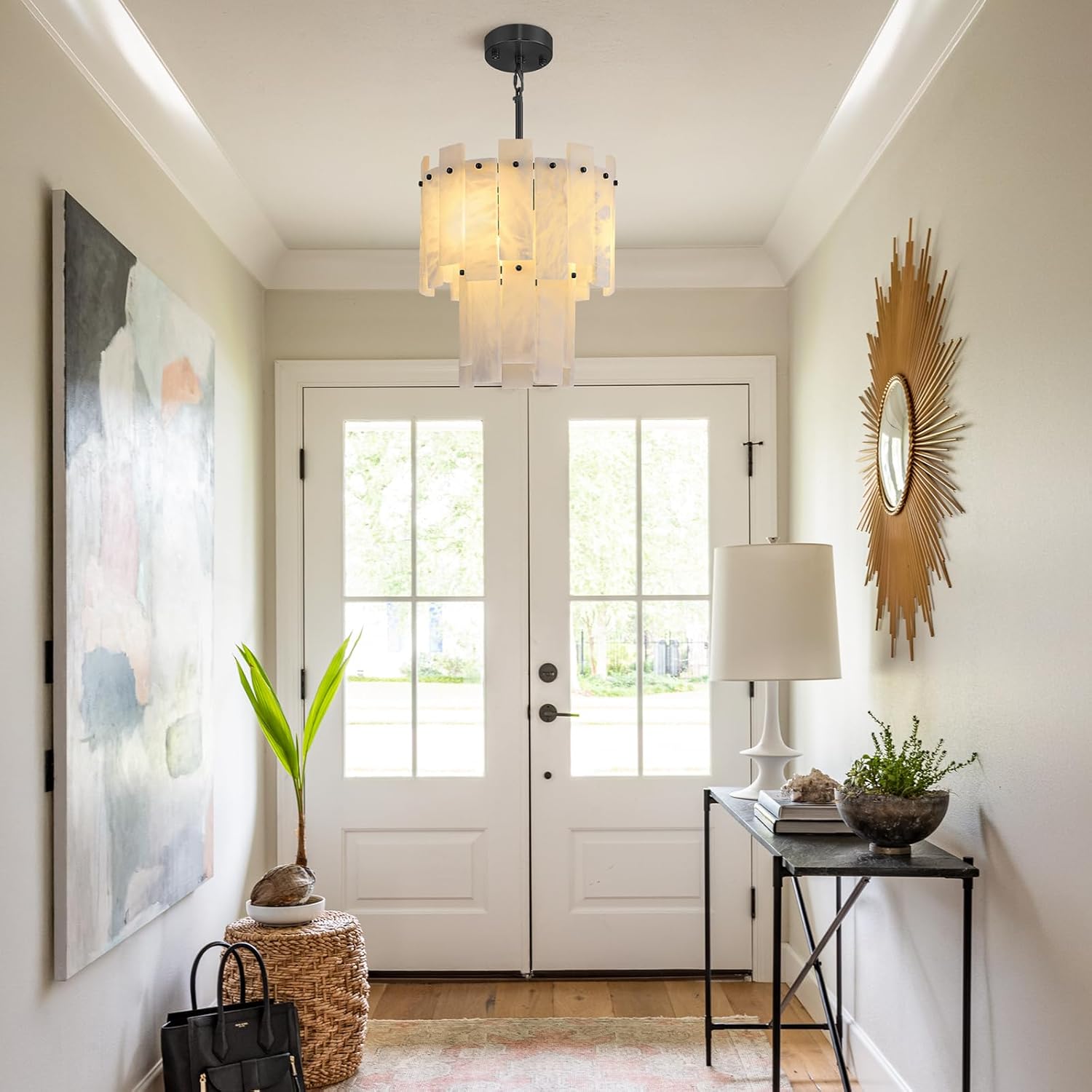 Alabaster Chandelier,13" Matte Black Natural Spanish Alabaster Pendant Light,2-Tier Round Marble Chandeliers Modern Small Chandelier for Kitchen Island,Dining Room,Foyer,Bedroom,E12 Bulbs