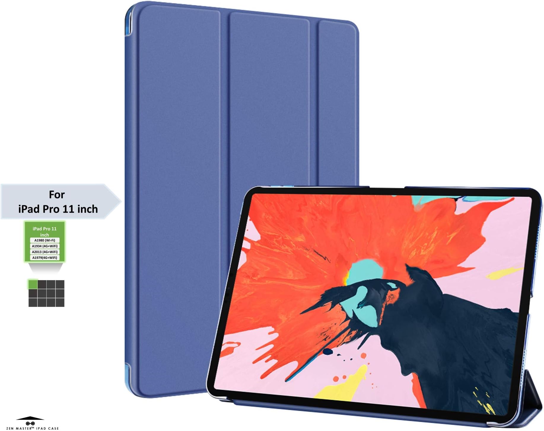 Zen Master PU Leather Trifold Case for Apple 11 inch iPad Pro 2018 A1980, A1934, A2013, A1979 with Auto Sleep/Wake (Navy)