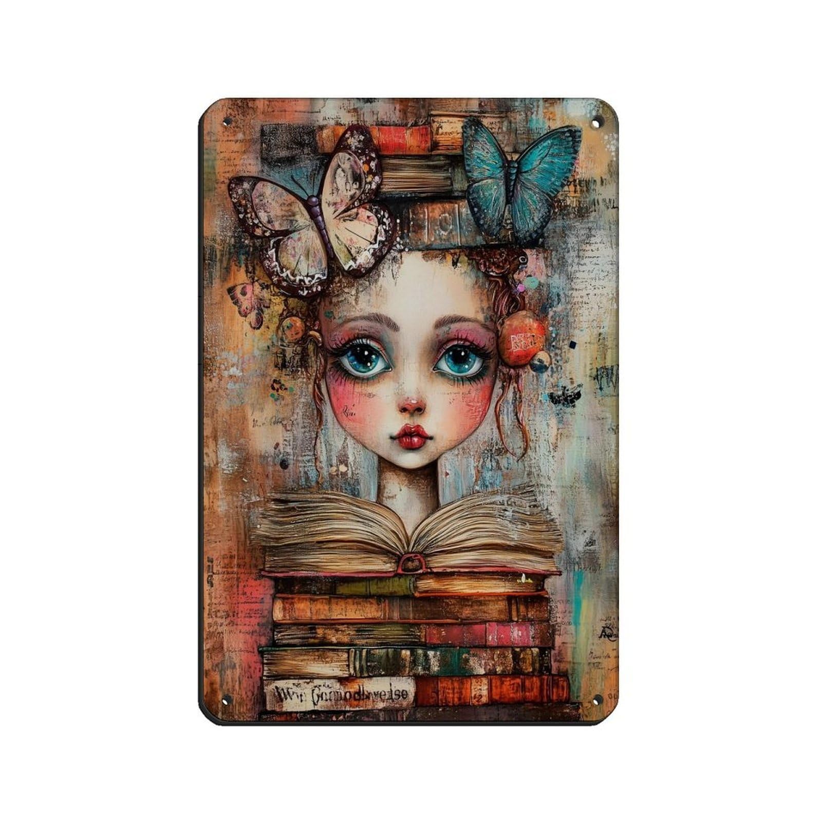 Whimsical Book Lover Art, Girl Reading Painting Tin Sign Vintage Metal Pub Club Cafe Bar Home Wall Art Decoration Poster Retro 8x12inch(20x30cm)