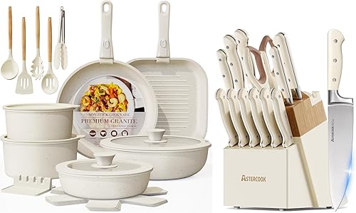 Astercook Juego de 23 ollas y sartenes antiadherentes con mango desmontable, y juego de cuchillos de cocina de espiga completa de 14 piezas con