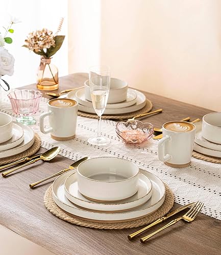 Miniatura 7 de AmorArc Juego de vajilla de cerámica para 4, juego de 12 piezas de platos y cuencos pintados a mano con parte inferior de terracota rústica, juego