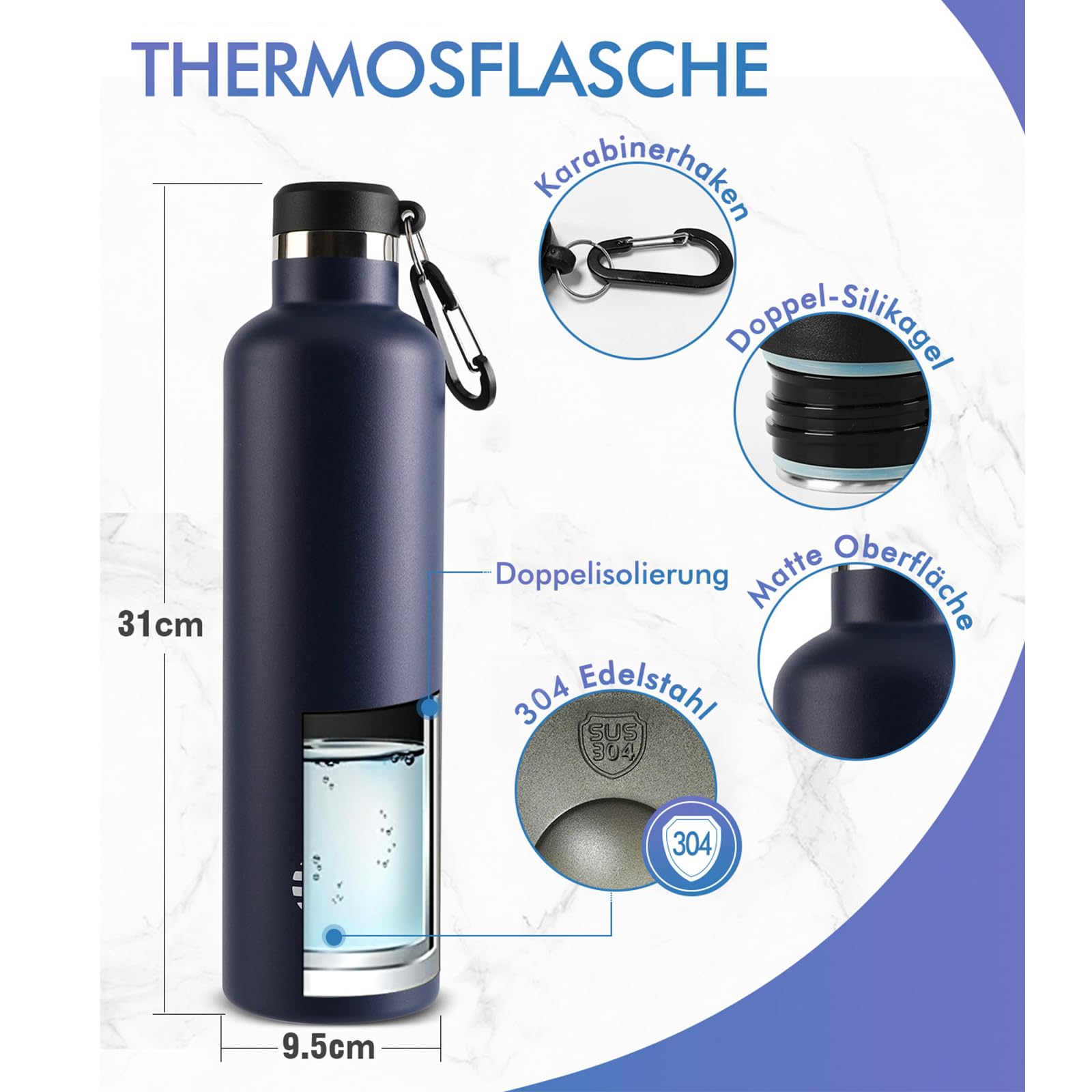 FEIJIAN Borraccia Termica in Acciaio Inox 750ml/1L + Zaino, Facile da pulire, Bottiglia Termica Senza Perdite - Senza BPA Borracce, per Scuola, Sport, Campeggio, Yoga, Palestra