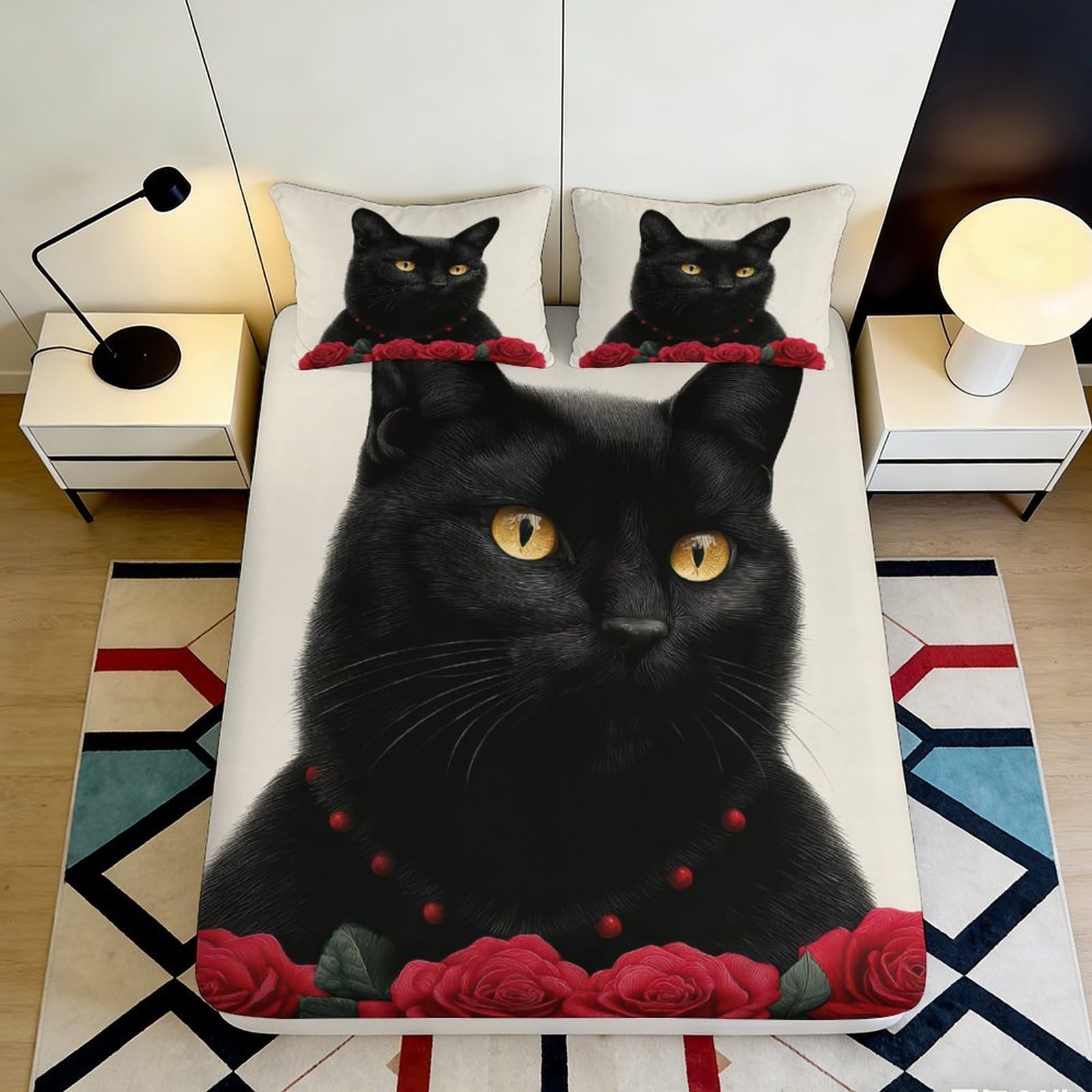 3D Printed Black Cat Rose Fitted Sheet Microfiber Soft Decor Mattress Cover for Bedroom Guest Room Dorm Bed 200x200x25cm