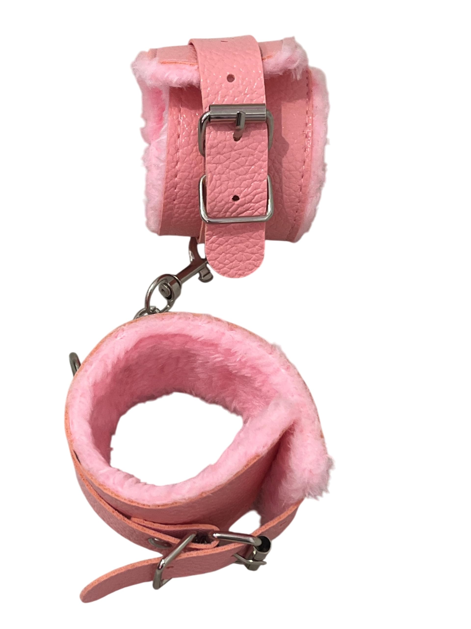 Manette in Pelle con Peluche Rosa e Moschettone - Polsiere in Ecopelle - Manette Pelose Finte Giocattolo