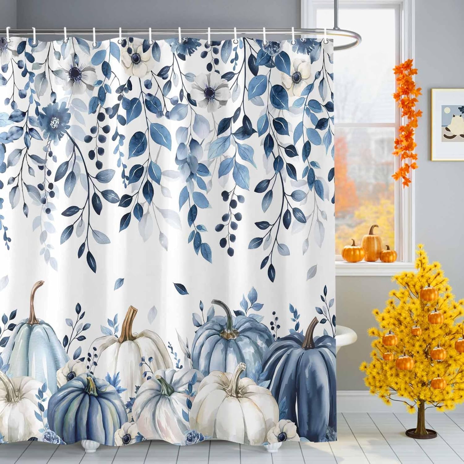 Blue Fall Shower Curtain Set - Small 36" x 72" Washable Bathtub Weeping Botanical Curtain with 12 Hooks, Pumpkins Thanksgiving Waterproof Fabric Stall Shower Curtains for Bathroom Décor