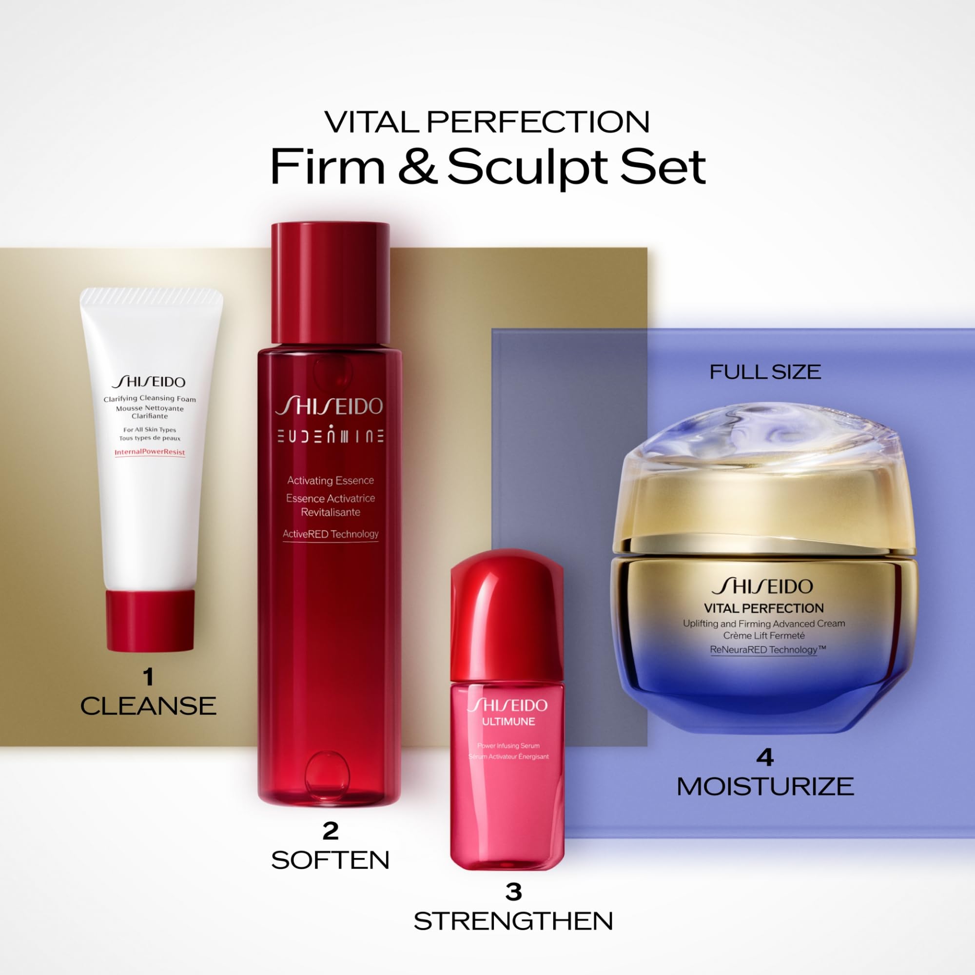 Shiseido Firm & Sculpt Set - Clarifying Cleansing Foam (15mL), Eudermine Activating Essence (70mL), Ultimune Power Infusing Serum (10mL) & Vital Perfection Advanced Cream (50mL) - $224 Value