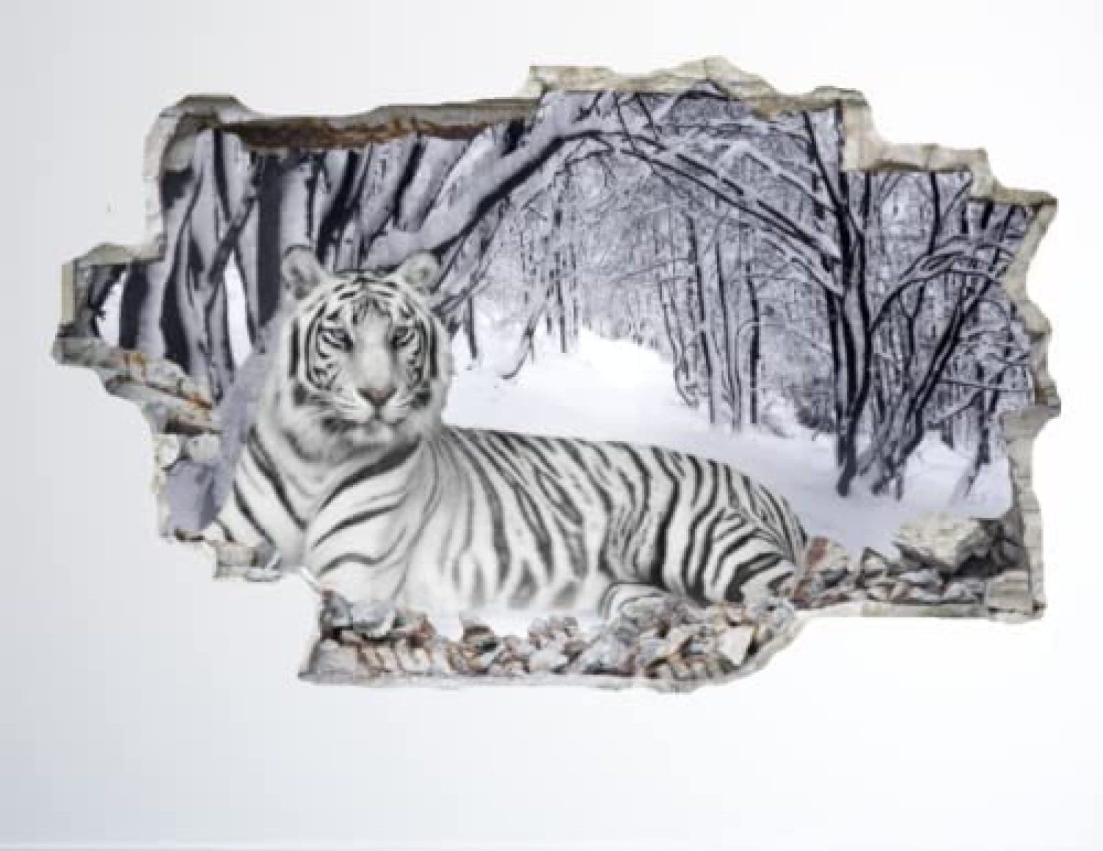 3D Smashed Wall Effect White Tiger Wall Sticker 3D Look - Bedroom Lounge Nature Animal Wall Decal 70x110cm