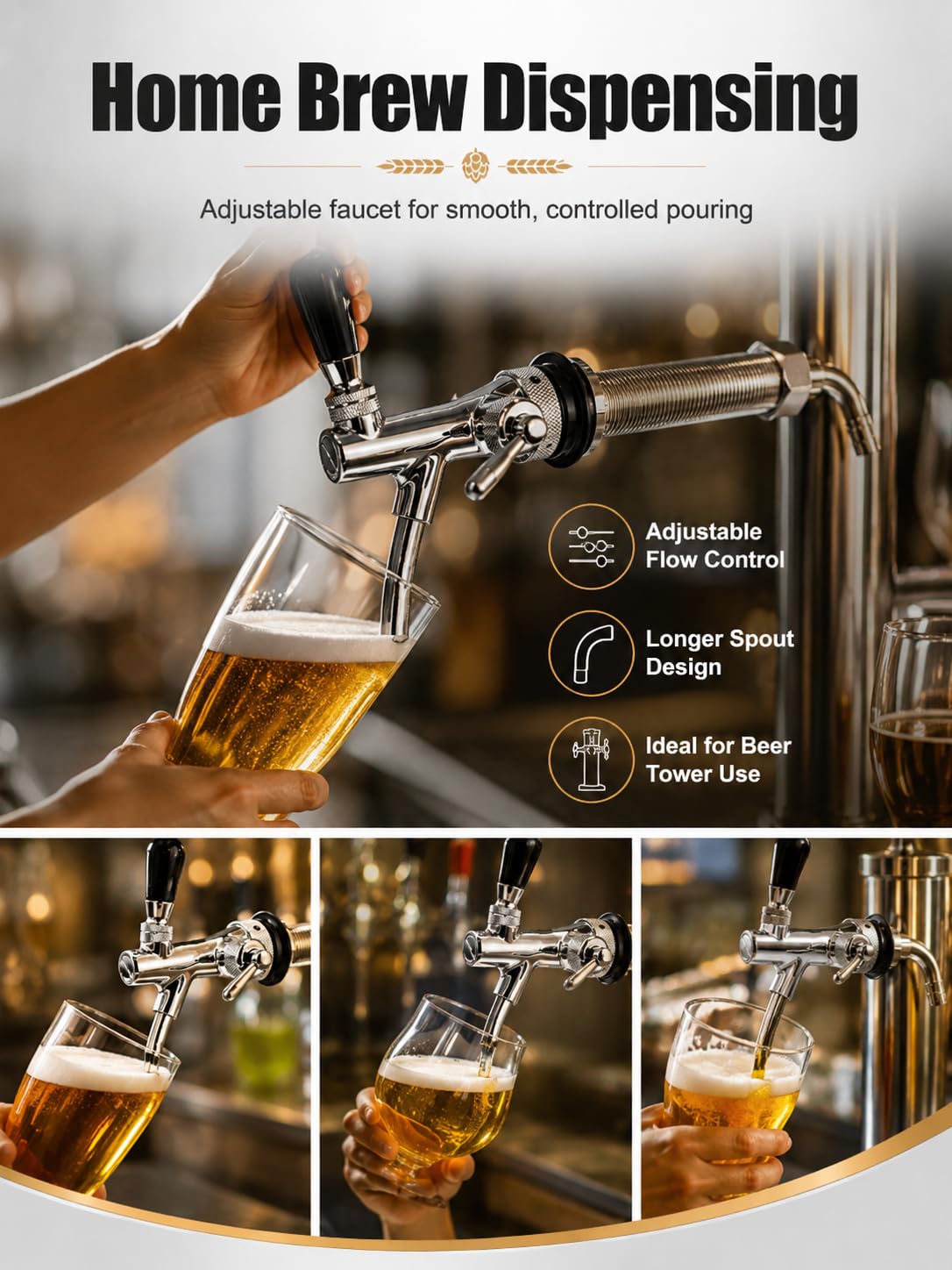 VOBOR Robinet à Bière Réglable, Filetage G5/8 Tireuse a Biere à Longue Tige Chromé, Accessoires de Brassage à Domicile pour la Maison Bière Bar Restaurants