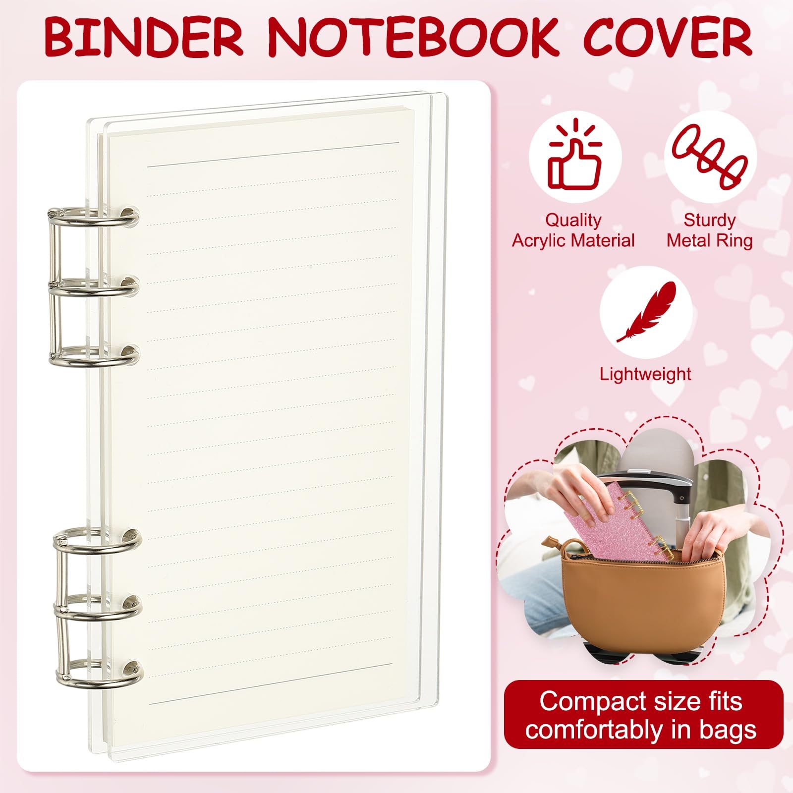 PATIKIL 6 Ring Binder Notebook Cover, A6 Acrylic Binder Notebook 2 Silver Metal Round Rings with 90 Sheets Lined Inner Papers for Travel Office Planner Budget, Clear - Image 3
