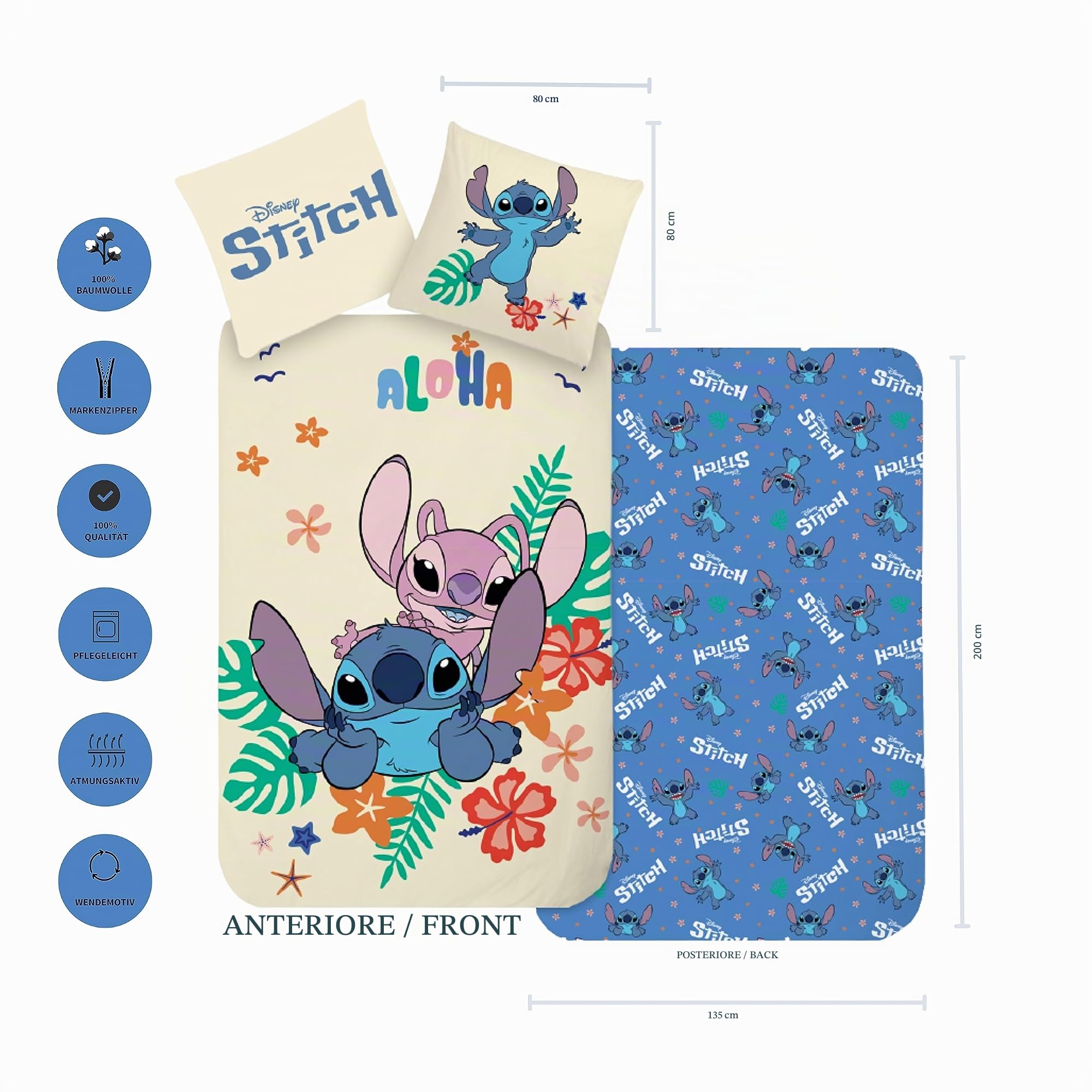 MTOnlinehandel Stitch, biancheria da letto, copripiumino 135 x 200 cm, 80 x 80 cm, cotone · Biancheria da letto per bambini Aloha Stitch & Lilo · 2 pezzi
