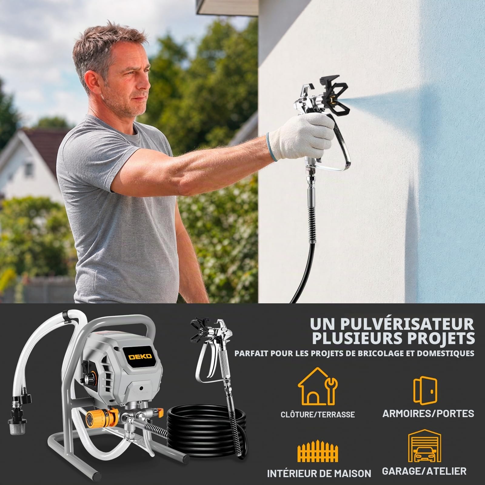 DEKO Pulvérisateur Peinture sans Air 700W 2900PSI, Débit 1,2L/Min, Pulvérisateur Électrique Polyvalent avec Tuyau 7,5M, 2 Rallonges et Buses 311/515 pour Murs, Meubles et Métal