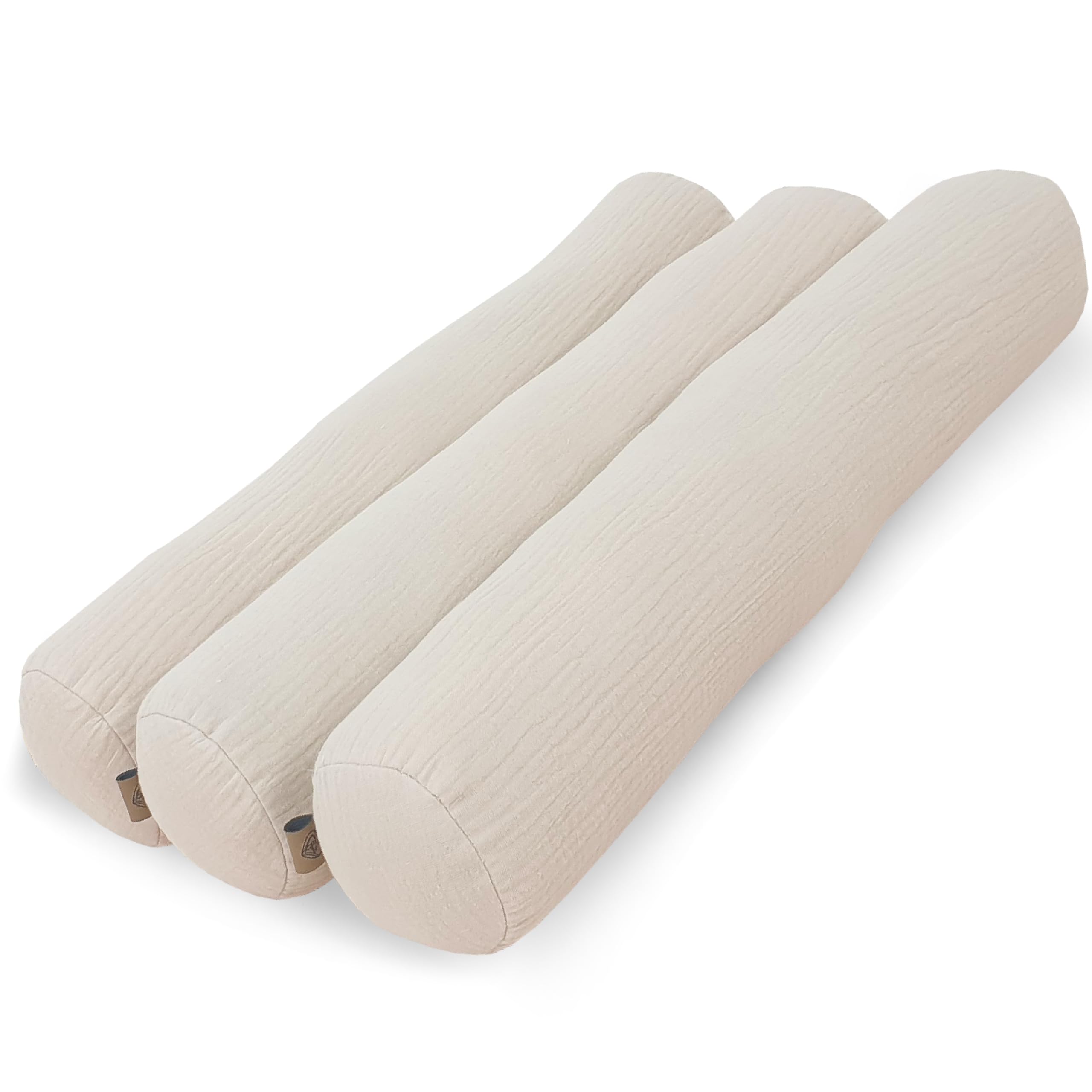 PinkZebra 3er Set Bett Kissenrollen 10 x 60 cm aus Musselin GOTS-Zertifizierung, Rollenkissen aus Baumwolle, Nackenrolle ÖkoTex, Bettrolle, Kissen Rund, Knierolle, Beige