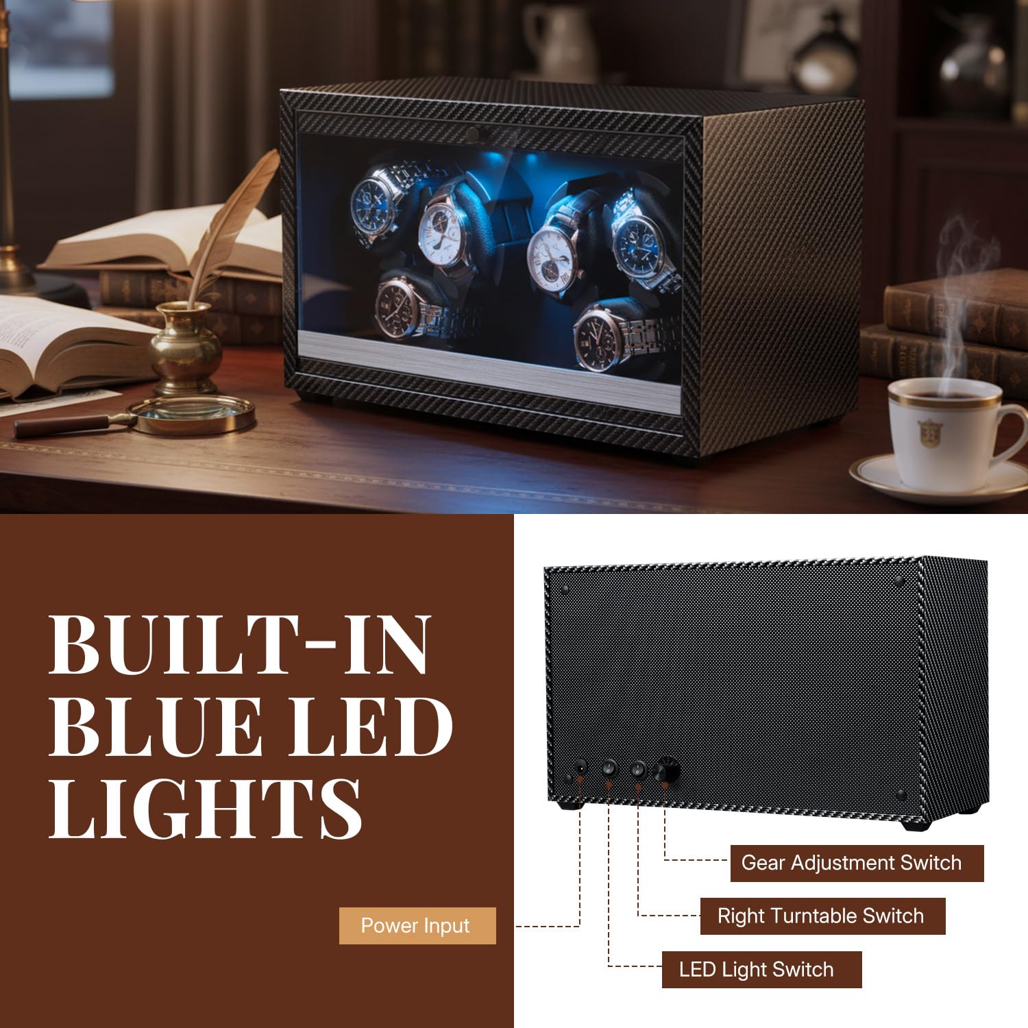 Mcbazel Automatyczny nawijacz do 6 zegarków ze światłem LED, ultra cichy silnik, 4 tryby rotacji, zasilanie USB DC, nadaje się do zegarków do 45 mm - wzór włókna węglowego