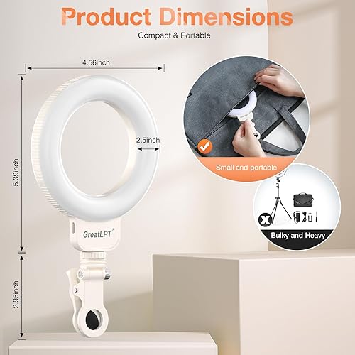 Miniatura 6 de Kit de iluminación de videoconferencia 600mAh recargable, anillo de luz de computadora de 4.5 pulgadas con clip, 3000K-6500K regulable, CRI 95+