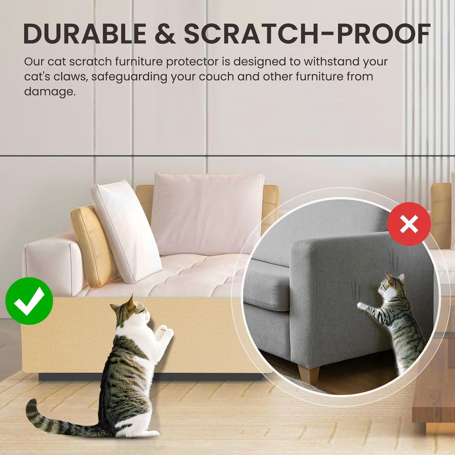 2 Pack Total 12 X 78 Inch Cat Scratch Mat for Cat Couch Furniture and Wall Protector | Trimmable Self-Adhesive Carpet Sisal Cat Scratcher Mat (Beige)