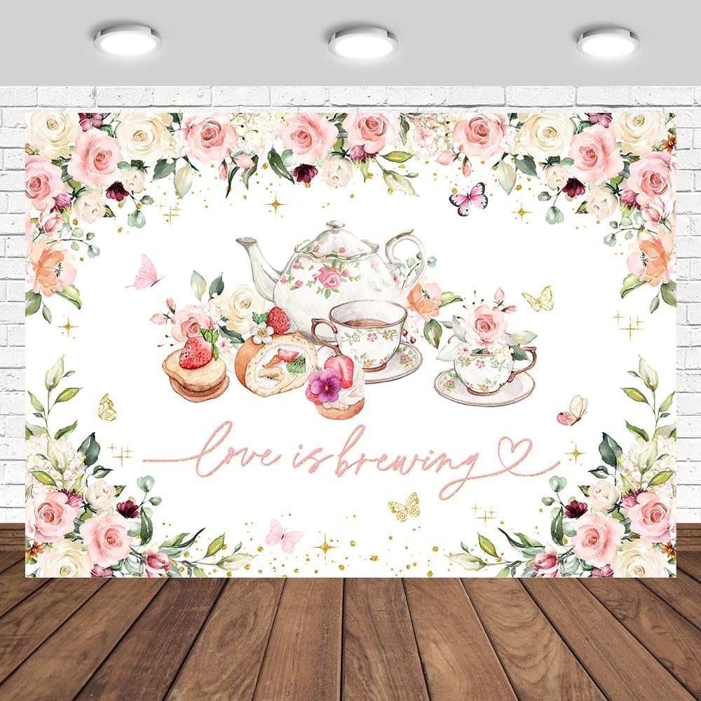 Tcoyodw Love is Brewing Backdrop 7x5ft Tea Party Bridal Shower Photography Background Wedding Engagement Bride to Be Party Decorations Banner Photo