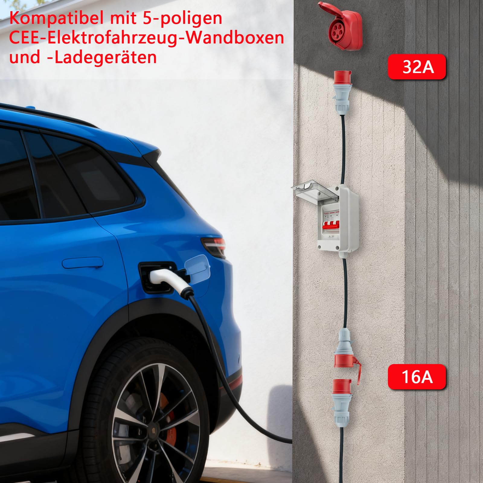 Adattatore CEE 32A a 16A CA con interruttore di protezione del cavo, monofase, 5 poli IP44 impermeabile, 3x2,5 mm², ideale per industria, cantiere, camper e uso domestico